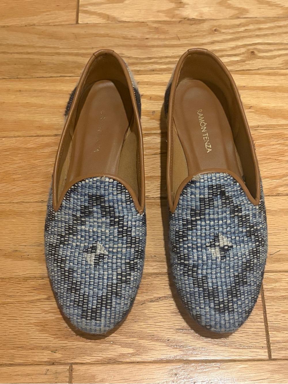 Ramon Tenza Blue Patterned Woven Loafers with Tan Trim | Women’s 8/8.5